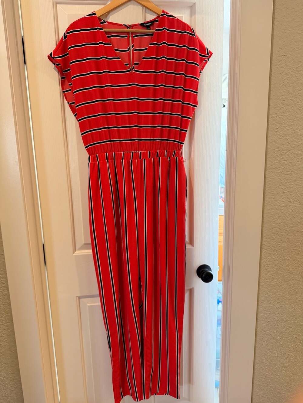 Express Red Striped Sleeveless Jumpsuit Size M